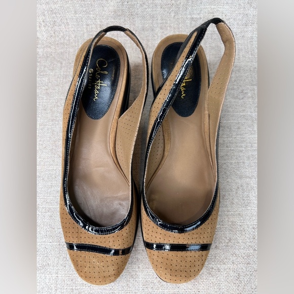 Cole Haan tan perforated suede & black patent wedges heels size 6.5B slingback - Picture 7 of 9